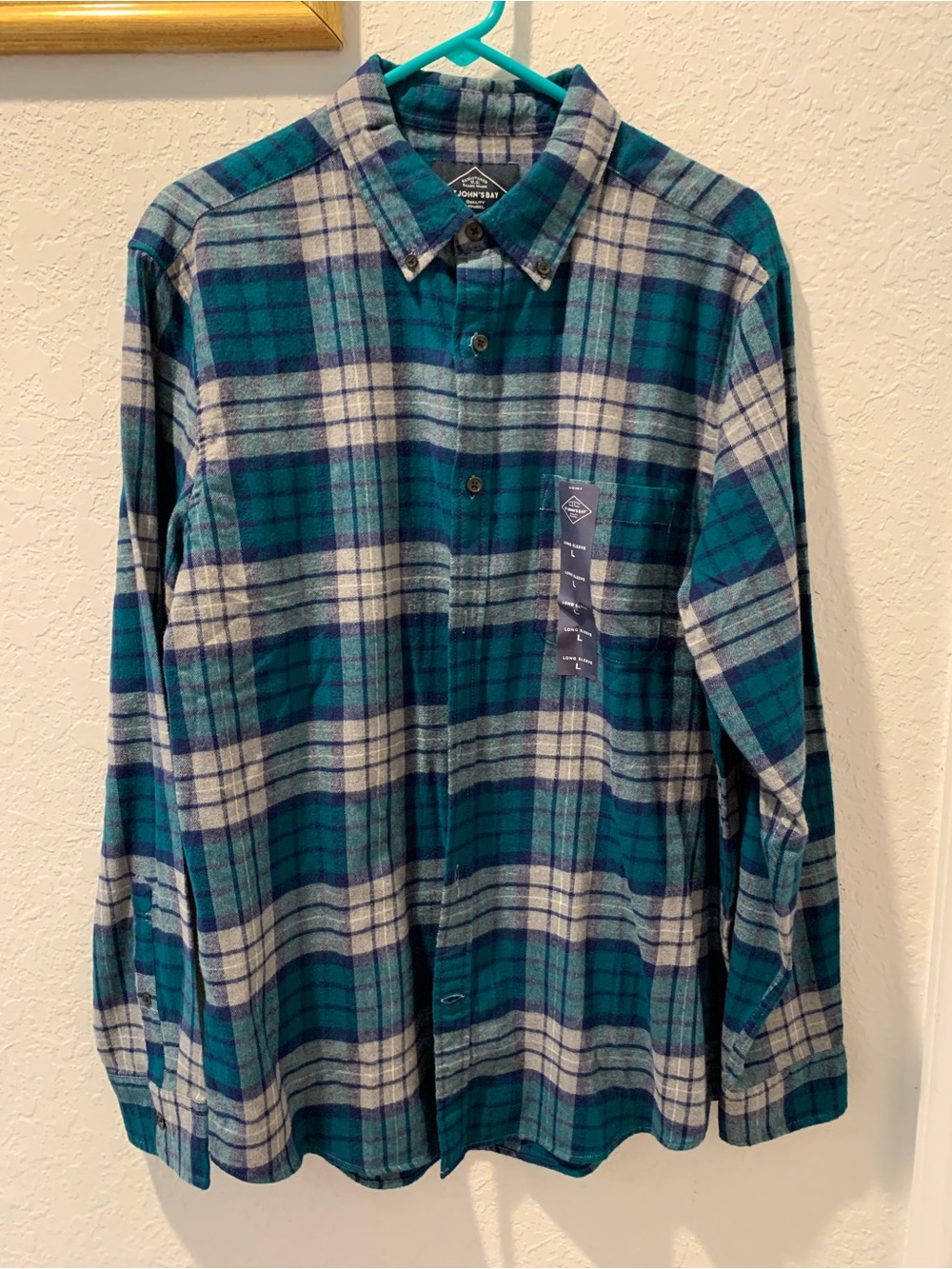 St. John's Bay Green, Navy & Cream Plaid Long-Sleeve Button-Down Shirt